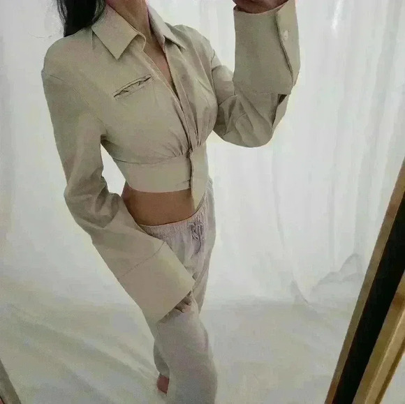 RHUDE Beige Crop Top Button Down Bell Sleeve Long V Neck Tailor Tan Nude Brown - Picture 3 of 9